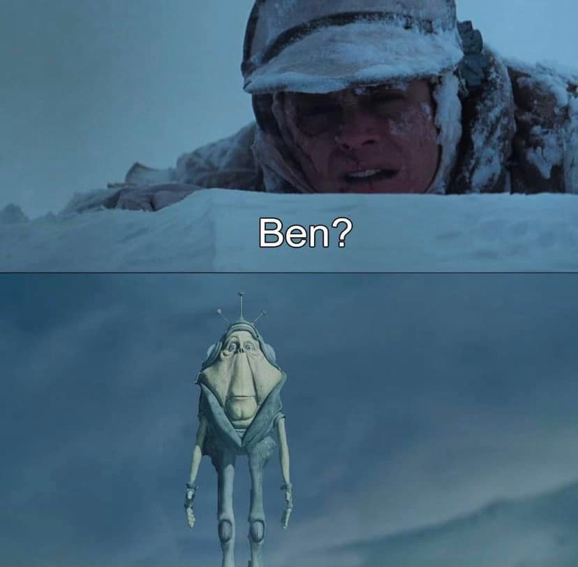 This meme is a screenshot from the movie "Star Wars: The Empire Strikes Back" (1980). The image shows a character, Darth Vader, standing on a balcony on Cloud City, with a young boy (Luke Skywalker) standing next to him. The text "Ben?" is spoken by Darth Vader, indicating that he is actually the boy's father, Luke's long-lost parent.